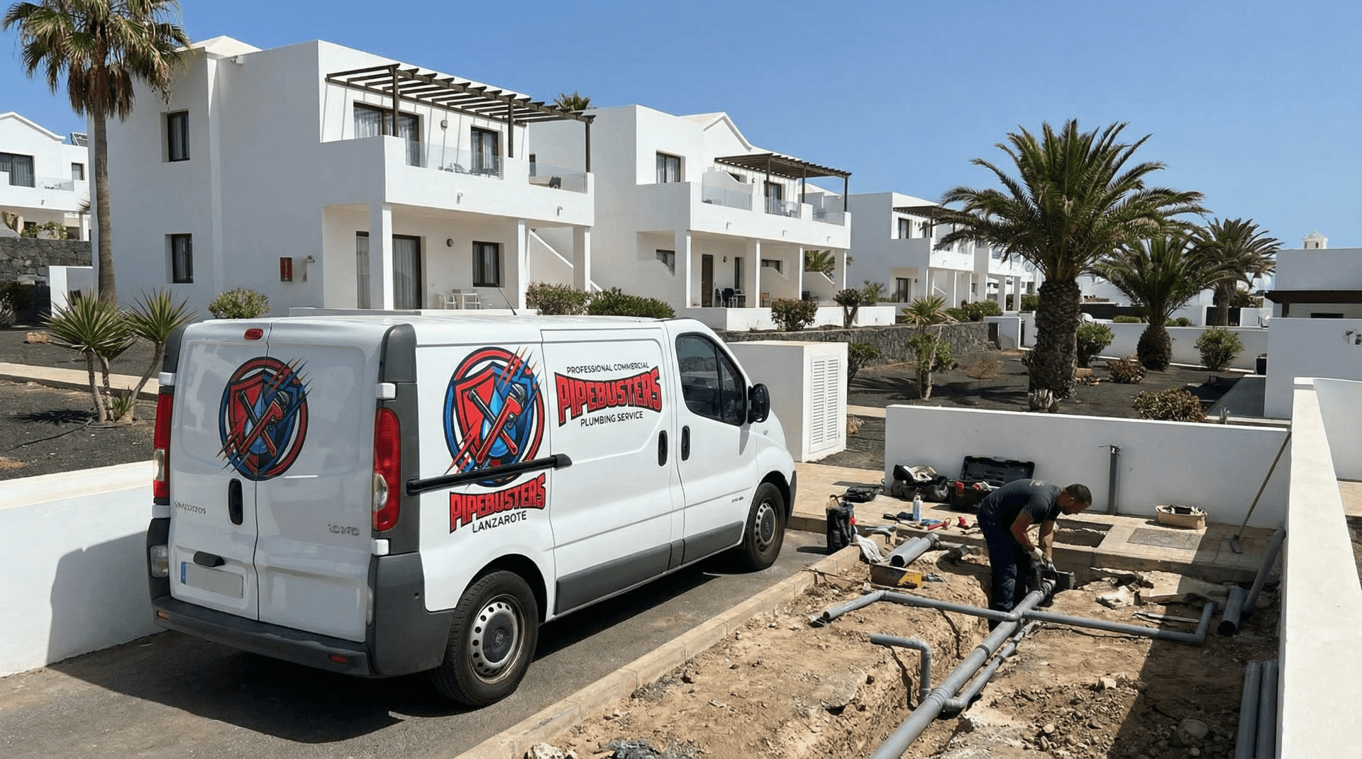 Emergency plumbing work at apartment complex in Costa Teguise