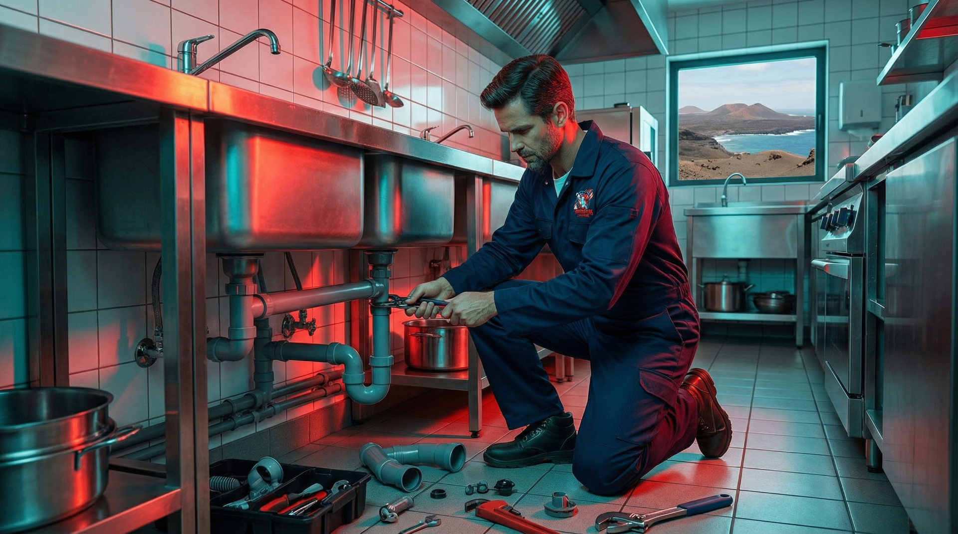 Pipe Busters technician performing commercial plumbing work in a restaurant kitchen